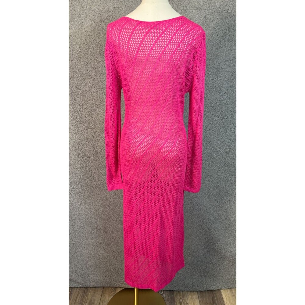 Pink Long Sleeve Crochet Knit Dress Sheer Cover-Up Size Medium New Without Tag's - Picture 5 of 7